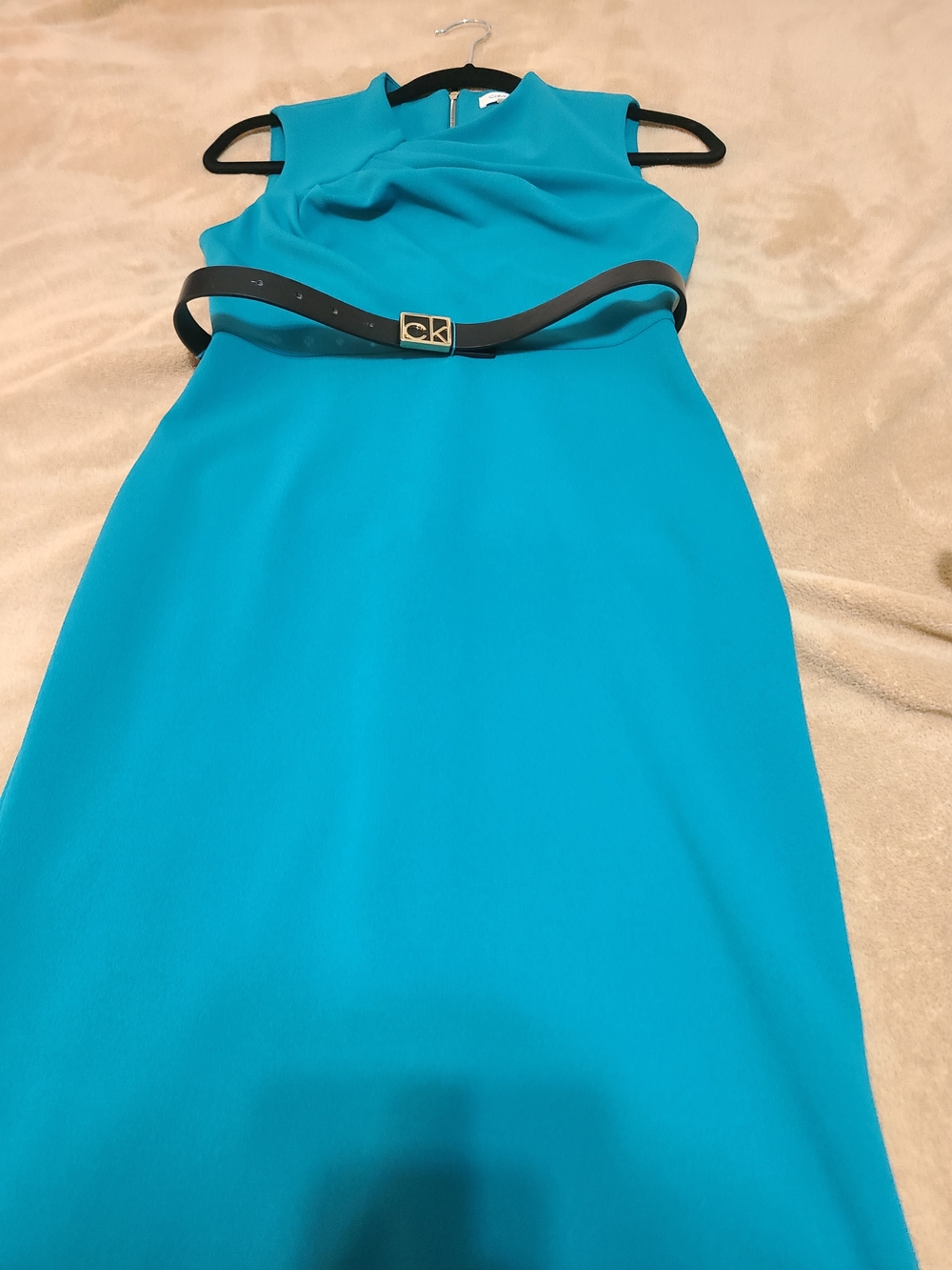 Calvin Klein Turquoise Sheath Dress with Black Belt, Sz 2
